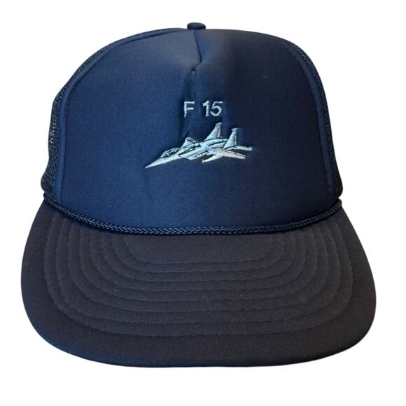 VTG F-15 Fighter Jet Trucker Hat Navy Blue Snapback Mesh Cap Military Aviation - Picture 1 of 8